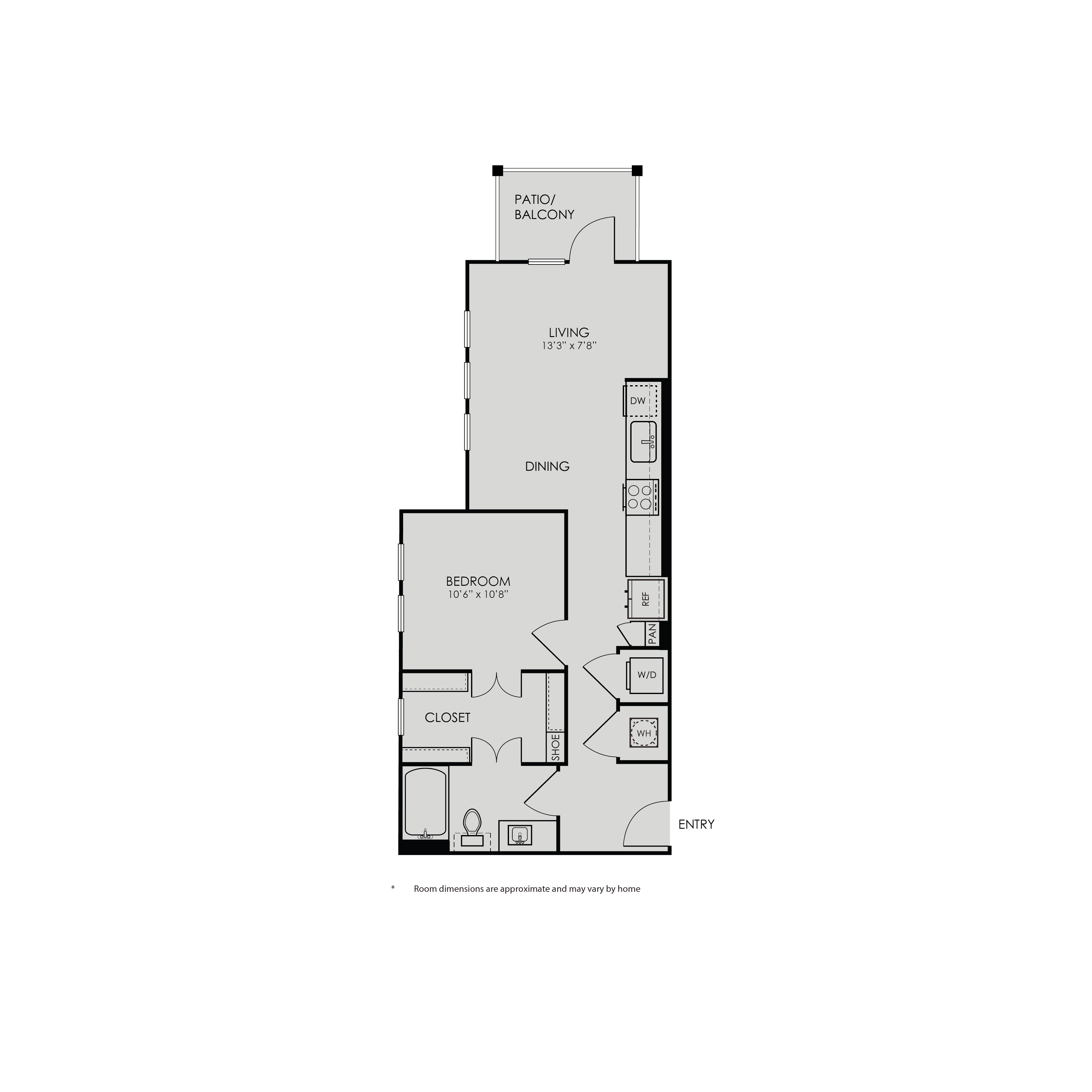 Floor plan for 1 bed, 1 bath, 663 sqft
